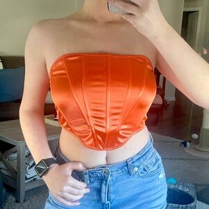Orange Satin Strapless Corset Crop Top
